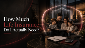 Modern British family reviewing finances at home with protection insurance concept, featuring life insurance, mortgage protection, critical illness cover, and income protection in a dark red and charcoal luxury setting.