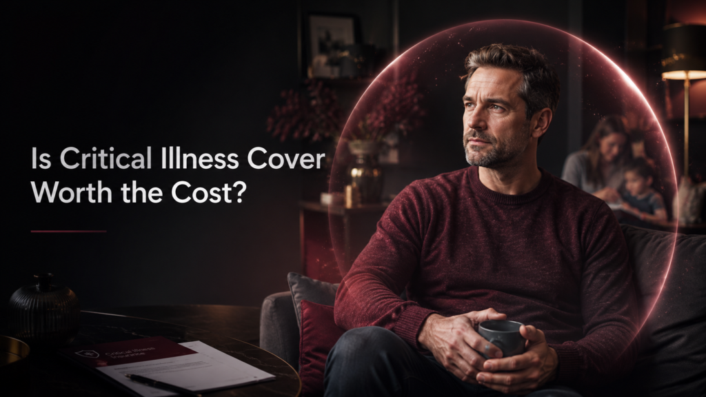Modern British patient sitting thoughtfully in a softly lit home environment with financial documents and subtle protection-themed lighting, representing critical illness cover and financial protection insurance in the UK.
