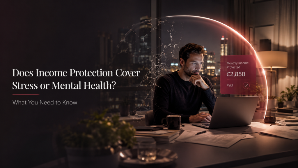 “Professional cinematic featured image showing a stressed British professional working late at night in a modern apartment, with subtle financial paperwork, laptop glow, and a protective transparent shield effect symbolising income protection insurance for mental health, stress, anxiety, and financial security in the UK