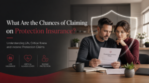 Modern British couple reviewing protection insurance documents with subtle life insurance, critical illness cover and income protection visuals in a premium financial planning setting.