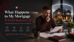 British homeowner reviewing mortgage paperwork while recovering from illness, with protected family home in background symbolising mortgage protection, critical illness cover, and income protection insurance in the UK.