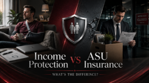 Featured image showing the difference between Income Protection and ASU insurance in the UK, including illness protection, unemployment cover, and financial security concepts.