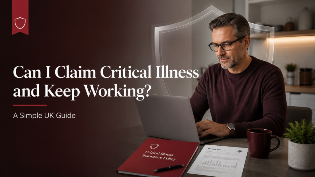 Modern British professional reviewing work and medical documents while learning whether they can claim critical illness insurance and continue working.