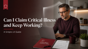 Modern British professional reviewing work and medical documents while learning whether they can claim critical illness insurance and continue working.