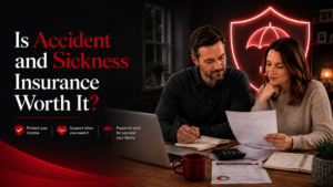 Featured image showing a UK family reviewing income protection paperwork at home with a glowing red protection shield, representing accident and sickness insurance and financial security.