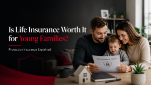 Young family reviewing life insurance policy documents at home, representing protection insurance and financial security for families in the UK